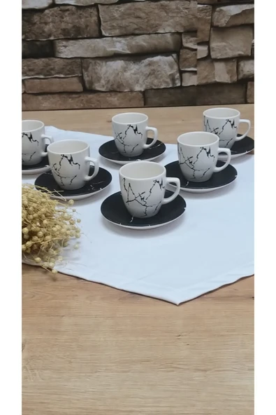 Keramika Kahve Fincan Takımı 12 Parça Mermer Desen Mat Siyah Krem ürün görseli 1