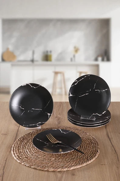 Keramika Mat Siyah Mermer Desenli 20cm Pasta Tabağı ürün görseli 1