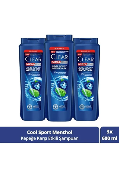 Clear Men Cool Sport Menthol 600 ml 3 Adet Kepek Şampuanı ürün görseli 1