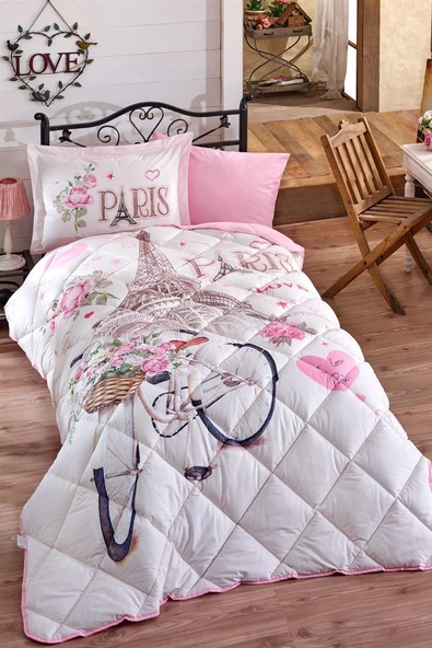 Clasy %100 Pamuk Tek Kişilik Uyku Seti (Lastikli Çarşaflı) Paris Love V1 Pudra ürün görseli 1