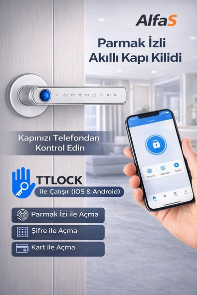 Şifreli Kartlı Telefondan Kontrol PVC Alüminyum Ahşap Uyumlu Parmak İzli Akıllı Kapı Kolu Gümüş ürün görseli 1