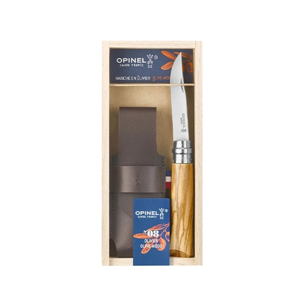 Opinel N°8 Zeytin Saplı Deri Kılıflı Çelik Çakı (Özel Kutulu) ürün görseli 1