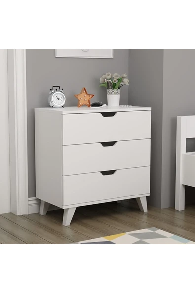 Valencia Şifonyer – 3 Çekmeceli, 72 cm Genişlik, Yüksek Ayaklı Beyaz Şık Şifonyer ürün görseli 1