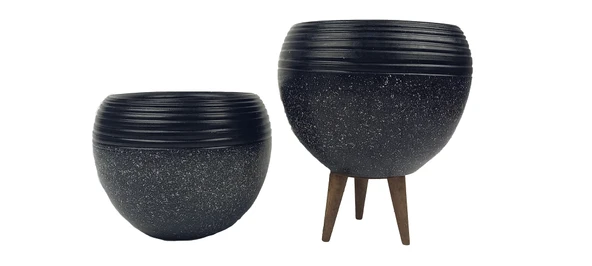 Bitki Tasarımı Siyah Granit Küp Saksı Saksılık Salon Çiçeklik İkili  Set (3 Ayaklı-Ayaksız) ürün görseli 1