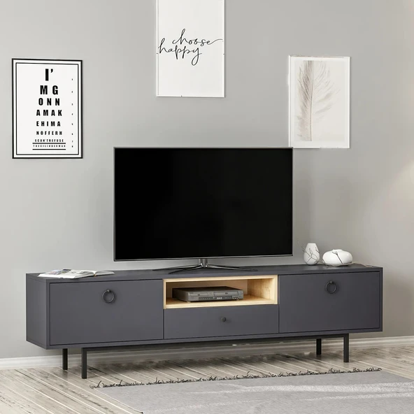 Naturel Tv Ünitesi Antrasit/Safir Meşe Modern TV Sehpası – Raflı ve Çekmeceli Tasarım ürün görseli 1