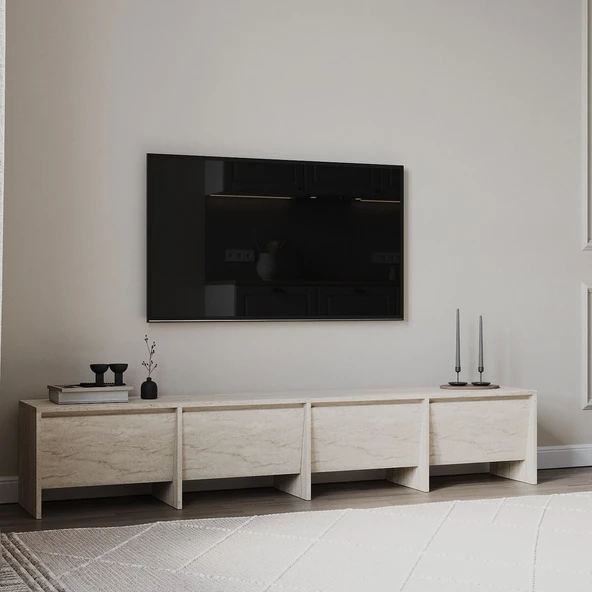 Laris 180 cm Tv Sehpası – 4 Kapaklı, Traverten Mermer Desen ürün görseli 1