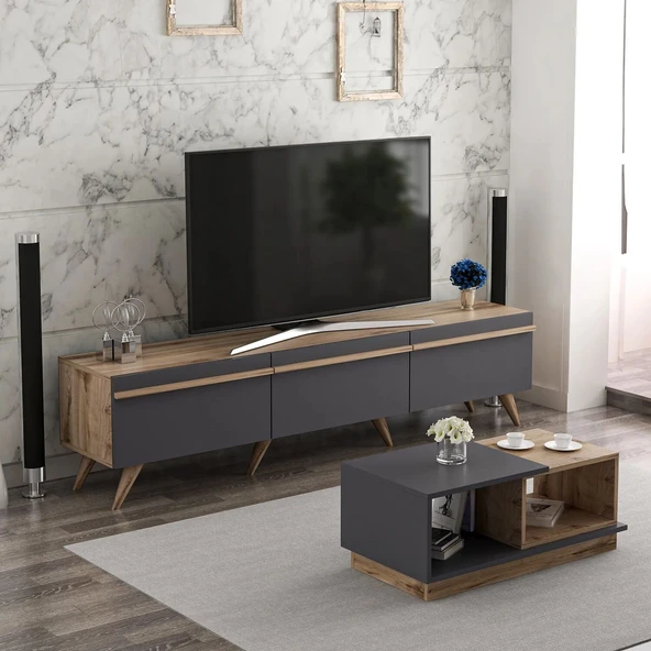 Amsterdam TV Sehpası & Concept Orta Sehpa Takımı – Antrasit/Antik Ceviz - 3 Kapaklı, Modern Salon Seti ürün görseli 1
