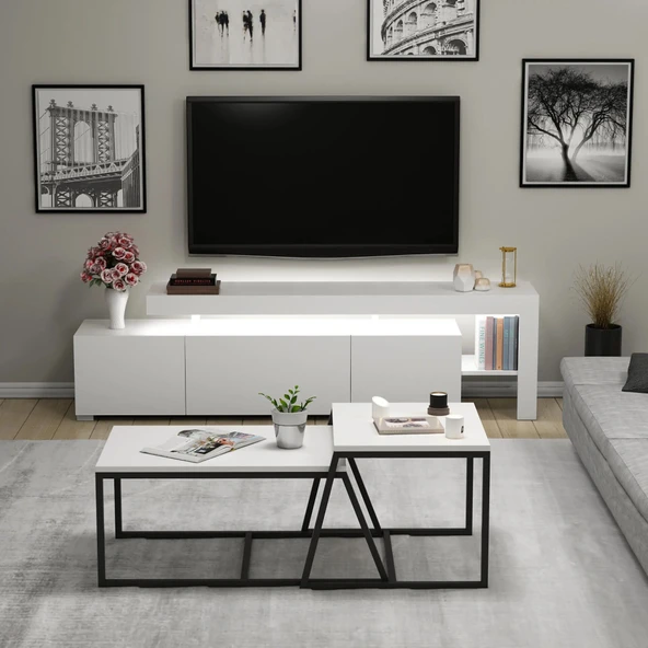 Beliz LED Işıklı TV Sehpası ve Minimal 2'li Orta Sehpa Takımı – Beyaz – Modern Oturma Odası Seti ürün görseli 1