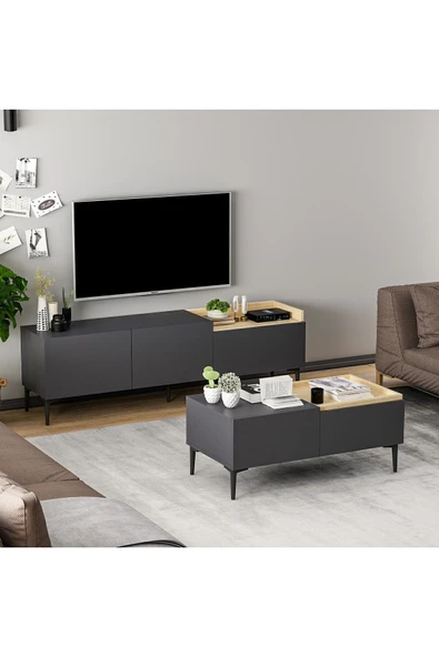 Mia TV Sehpası ve Orta Sehpa Takımı – Antrasit/Safir Meşe, Modern Salon Seti ürün görseli 1