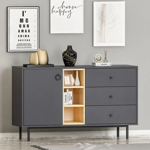 Naturel Modern Konsol, Antrasit/Safir Meşe – 3 Çekmeceli, Kapaklı ve Raflı Depolama Ünitesi ürün görseli 1