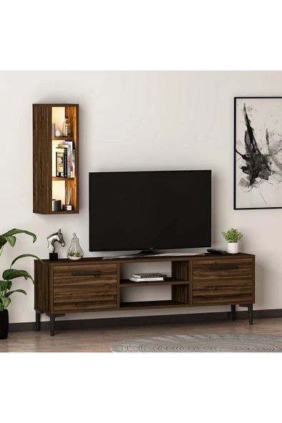 Bien Işıklı 2 Kapaklı TV Ünitesi ve Duvara Monte LED ışıklı Raf - Ceviz ürün görseli 1