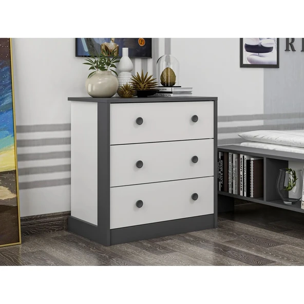 Life 3 Çekmeceli Modern Genç Odası Şifonyer, Beyaz/Antrasit ürün görseli 1