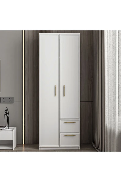 Vespera 2 Kapaklı 2 Çekmeceli Gardırop - Beyaz 60x45x171,8 cm ürün görseli 1