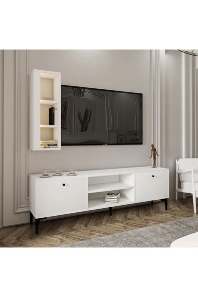 Bien Işıklı 2 Kapaklı TV Ünitesi ve Duvara Monte LED ışıklı Raf - Beyaz ürün görseli 1