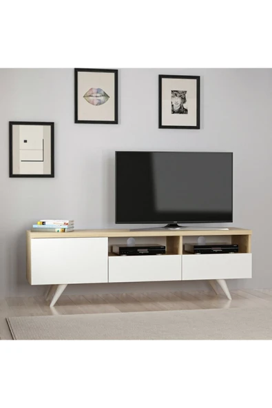 Brüksel Modern TV Sehpası – Beyaz ve Safir Meşe Renkli Açık Raflı Tasarım ürün görseli 1