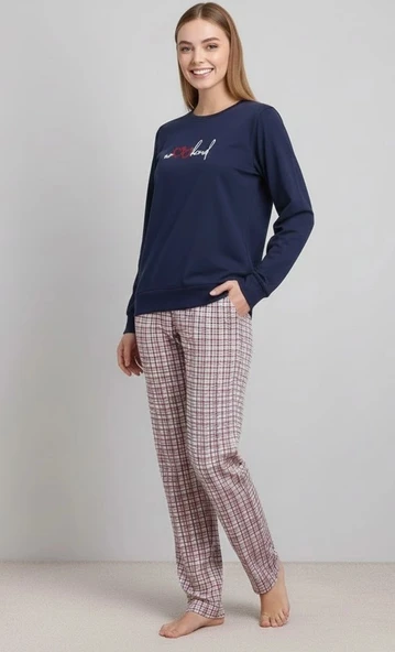 Bicomi %100 Pamuklu Uzun Kol Sweatshirt ve Ekose Pantolon Pijama Takımı ürün görseli 1