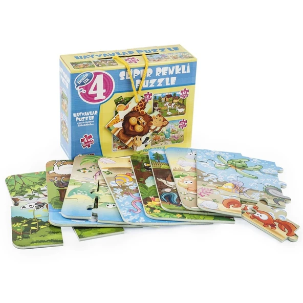 1481 DıyToy Süper Renkli 4'lü Puzzle - Hayvanlar / 8+12+16+24 Parça Puzzle ürün görseli 1