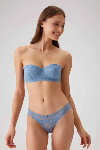 Kadın Mavi 4741 Balenli Soft Push Up Straplez Sütyen Takım ürün görseli 1