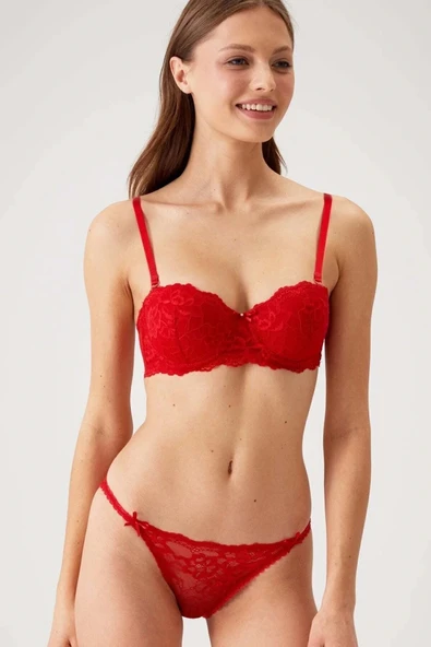 Kırmızı 4563 Pisa Destekli / Push - Up Straplez Dantelli Sütyen Takımı ürün görseli 1