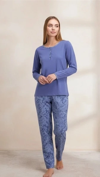 Bicomi %95 Pamuklu Uzun Kollu T-Shirt ve Desenli Pantolon Pijama Takımı ürün görseli 1