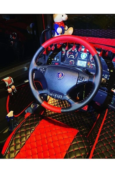 DİKİŞLİ DİREKSİYON KILIFI SİYAH / KIRMIZI DERİ TIR KAMYON scania fotodaki direksiyon için ürün görseli 1
