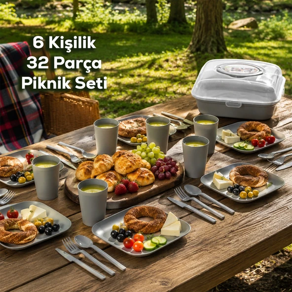 Porsima 0039 Karizma 32 Parça 6 Kişilik Pratik Taşınabilir Piknik Seti - Saklama Kutulu Piknik Sepeti Gri ürün görseli 1