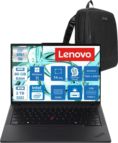 Lenovo Thinkpad T14 Gen 6 Intel Core Ultra 7 255U 80GB Ddr5 2tb SSD Windows 11 Pro Intel Aı Boost 14" Wuxga (1920X1200) IPS 500NITS 100% Srgb Taşınabilir Bilgisayar 21QC00CKTXP34 + Zetta Çanta ürün görseli 1