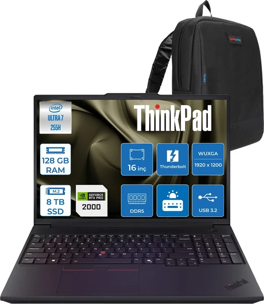 Lenovo Thinkpad P16V Gen3 Intel Core Ultra 7 255H 128GB 8tb SSD 8GB/RTXPRO2000 16" Wuxga IPS 400NITS 60Hz Wi-Fi7 Windows 11 Pro Taşınabilir Iş Istasyonu 21RS000BTXP57 + Zettaçanta ürün görseli 1