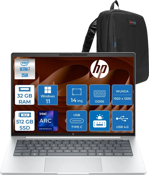 Hp Elitebook 8G1I Intel Ultra7 255H 32GB Ddr5 512GB SSD Intel® Arc™ 140T Gpu Wuxga (1920X1200) IPS 300NIT WIN11HOME Taşınabilir Bilgisayar AD3S5ETH12+ZETTAÇANTA ürün görseli 1
