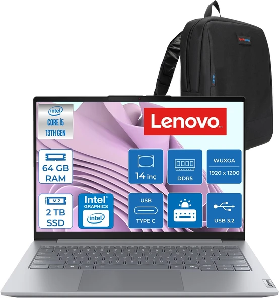 Lenovo Thinkbook 14 Gen 8 Irl Intel Core I5 13420H 64GB Ddr5 2tb SSD Freedos Intel UHD Graphics 14 Inç Wuxga (1920 x 1200) IPS 300NITS Taşınabilir Bilgisayar 21SG00L8TXF39 + Zetta Çanta ürün görseli 1