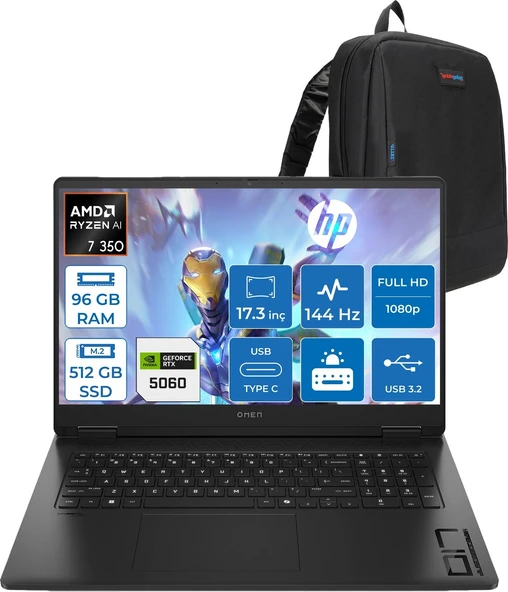 Hp Omen Amd Ryzen Aı 7 350 96GB 512GB SSD 8GB/RTX5060/130W 17.3" Fhd 144Hz 7ms 300NITS %100 Srgb Windows 11 Pro Gaming Bilgisayar C2EZ3EAP29 + Zettaçanta ürün görseli 1