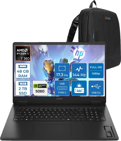 Hp Omen Amd Ryzen Aı 7 350 48GB 2tb SSD 8GB/RTX5060/130W 17.3" Fhd 144Hz 7ms 300NITS %100 Srgb Windows 11 Pro Gaming Bilgisayar C2EZ3EAP19 + Zettaçanta ürün görseli 1