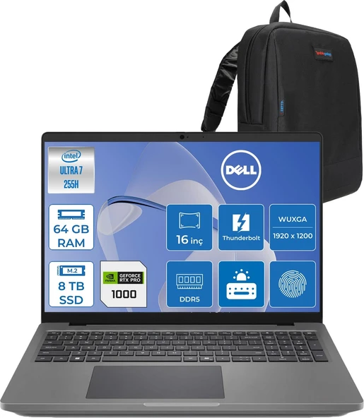 Dell Promax 16 MC16250 Intel Core Ultra 7 255H 64GB 8tb SSD 8GB/RTXPRO1000 16" Wuxga IPS 300NITS 60Hz Wi-Fi7 Windows 11 Home Taşınabilir Iş Istasyonu APROMAX1604F54 + Zettaçanta ürün görseli 1