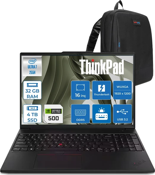 Lenovo Thinkpad P16S Gen4 Intel Core Ultra 7 255H 32GB 4tb SSD 6GB/RTXPRO500 16" Wuxga IPS 400NITS 60Hz Wi-Fi7 Windows 11 Pro Taşınabilir Iş Istasyonu 21QV000YTXP12 + Zettaçanta ürün görseli 1