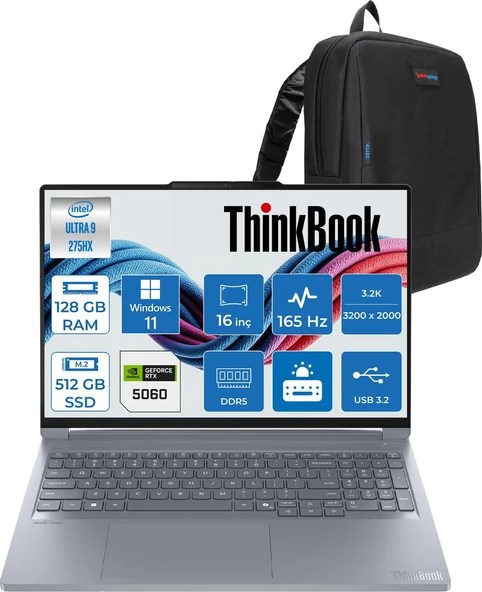 Lenovo Thinkbook 16P G6 Iax Intel Core Ultra 9 275HX 128GB Ddr5 512GB SSD Windows 11 Pro RTX5060 8gb 115W 16" 3.2k (3200X2000) IPS 500NITS 165Hz Taşınabilir Bilgisayar 21R0001JTXP58 + Zetta Çanta ürün görseli 1
