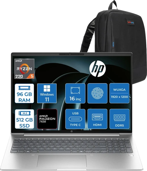 Hp Probook 4 G1AH 16 Amd Ryzen 5 220 4.9ghz 96GB Ddr5 512GB SSD Windows 11 Home Amd Radeon 740M 16" Wuxga (1920 x 1200) IPS 300NITS Taşınabilir Bilgisayar CV0E7ATH37 + Zetta Çanta ürün görseli 1