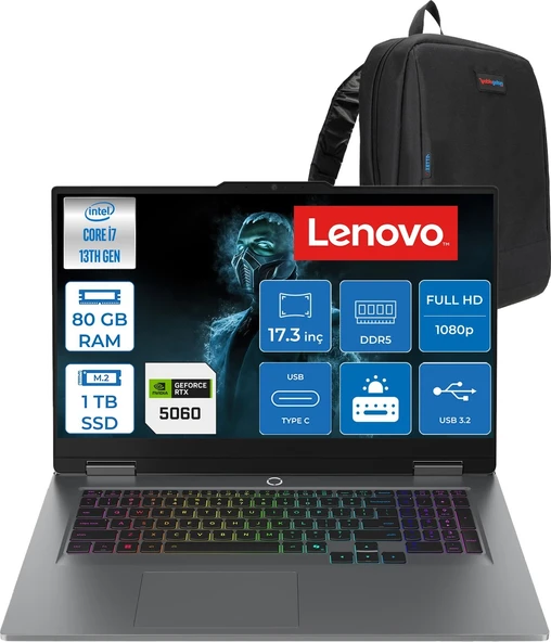 Lenovo Loq 17IRX10 Intel Core I7 13700HX 80GB Ddr5 1tb SSD RTX5060 8gb 115W Freedos 17.3 Inç Fhd (1920X1080) IPS 300NITS 165HZ 100% Srgb Taşınabilir Bilgisayar W83JH00BQTRF38 + Zetta Çanta ürün görseli 1