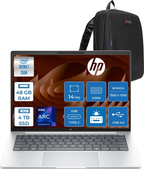 Hp Elitebook 8G1I Intel Ultra7 255H 48GB Ddr5 4tb SSD Intel® Arc™ 140T Gpu Wuxga (1920X1200) IPS 300NIT Freedos Taşınabilir Bilgisayar AD3S5ETF20+ZETTAÇANTA ürün görseli 1