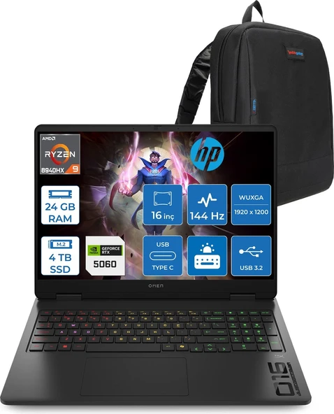 Hp Omen Amd Ryzen 9 8940HX 24GB 4tb SSD 8GB/RTX5060/130W 16" Wuxga 144Hz 300NITS %62,5 Srgb Windows 11 Home Gaming Bilgisayar C39JFEAH08 + Zettaçanta ürün görseli 1
