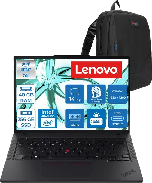 Lenovo Thinkpad T14 Gen 6 Intel Core Ultra 7 255U 40GB Ddr5 256GB SSD Freedos Intel Aı Boost 14" Wuxga (1920X1200) IPS 500NITS 100% Srgb Taşınabilir Bilgisayar 21QC00CKTXF16 + Zetta Çanta ürün görseli 1
