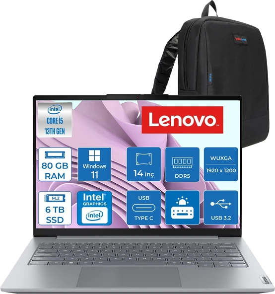 Lenovo Thinkbook 14 Gen 8 Irl Intel Core I5 13420H 80GB Ddr5 6tb SSD Windows 11 Pro Intel UHD Graphics 14 Inç Wuxga (1920 x 1200) IPS 300NITS Taşınabilir Bilgisayar 21SG00L8TXP48 + Zetta Çanta ürün görseli 1