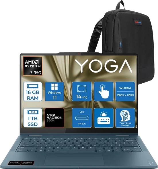 Lenovo Yoga 7 2-In-1 14AKP10 Amd Ryzen™ Aı 7 350 16GB Ddr5 1tb SSD 14" Wuxga (1920X1200) OLED 600NITS Touch WIN11HOME Taşınabilir Bilgisayar+Lenovo® Yoga® Pen 83JR009VTRH13+ZETTAÇANTA ürün görseli 1