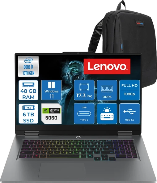 Lenovo Loq 17IRX10 Intel Core I7 13700HX 48GB Ddr5 6tb SSD RTX5060 8gb 115W Windows 11 Home 17.3 Inç Fhd (1920X1080) IPS 300NITS 165HZ 100% Srgb Taşınabilir Bilgisayar W83JH00BQTRH29 + Zetta Çanta ürün görseli 1