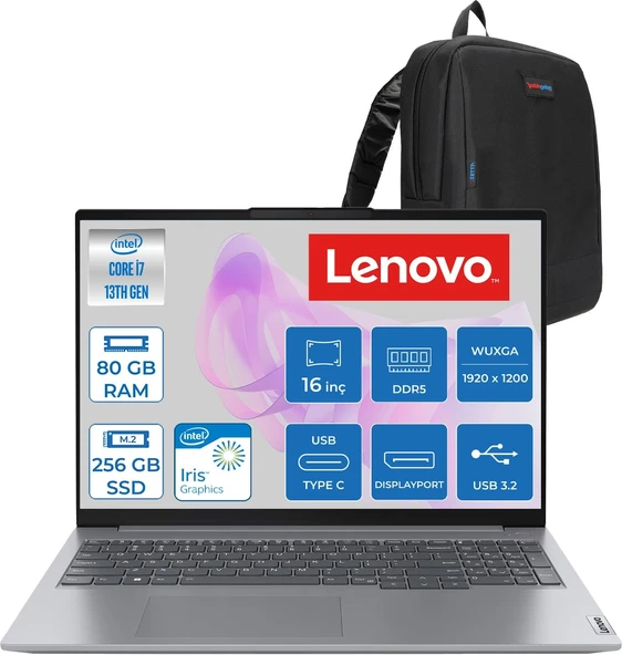 Lenovo Thinkbook 16 Gen6 Irl Intel Core I7 13700H 80GB Ddr5 256GB SSD Freedos Iris Xe Graphics 16" Wuxga (1920X1200) IPS 300NITS Taşınabilir Bilgisayar T21KH00WATRF50 + Zetta Çanta ürün görseli 1