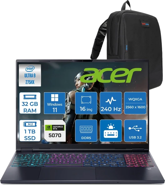 Acer Predator Helıos Neo 16S Aı Intel®core™ Ultra 9 275HX 32GB Ddr5 1tb SSD 8GB/RTX5070 115W OLED 16"wqxga 2560 x 1600 240Hz WIN11HOME Gaming Bilgisayar. NHQZFEY002H08+ZETTAÇANTA ürün görseli 1