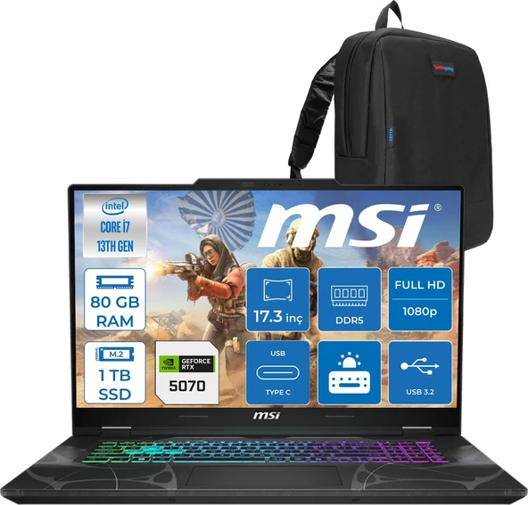 MSI Msı Cyborg 17 Intel Core I7 13620H 80GB Ddr5 1tb SSD RTX5070 Gddr7 8gb Freedos 17.3" Fullhd (1920X1080) 144HZ IPS Taşınabilir Bilgisayar B13WGKG251XTRF33 + Zetta Çanta ürün görseli 1