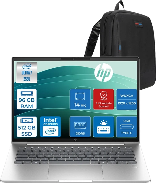 Hp Probook 4 G1I Intel Ultra7 255U 96GB Ddr5 512GB SSD Intel® Grafik IPS 300 Nits 14"inç 1920 x 1200 Freedos Taşınabilir Bilgisayar D03KGETF32+ZETTAÇANTA ürün görseli 1