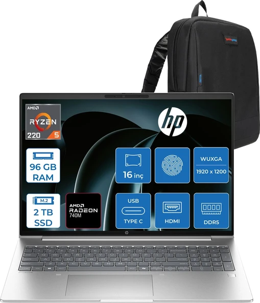 Hp Probook 4 G1AH 16 Amd Ryzen 5 220 4.9ghz 96GB Ddr5 2tb SSD Freedos Amd Radeon 740M 16" Wuxga (1920 x 1200) IPS 300NITS Taşınabilir Bilgisayar CV0E7ATF39 + Zetta Çanta ürün görseli 1