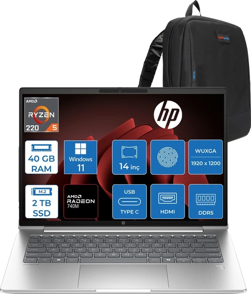 Hp Probook 4 G1AH 14 Amd Ryzen 5 220 4.9ghz 40GB Ddr5 2tb SSD Windows 11 Pro Amd Radeon 740M 14" Wuxga (1920 x 1200) IPS 300NITS Taşınabilir Bilgisayar CV0E6ATP19 + Zetta Çanta ürün görseli 1