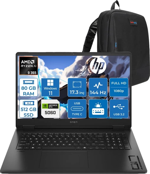 Hp Omen 17-DB1022NT Amd Ryzen Aı 9 365 80GB Ddr5 512GB SSD Windows 11 Pro RTX5060 8gb Gddr6 17.3 Inç Fullhd (1920 x 1080) 144Hz 7ms 300NITS IPS Taşınabilir Bilgisayar CD5N2EAP37 + Zetta Çanta ürün görseli 1